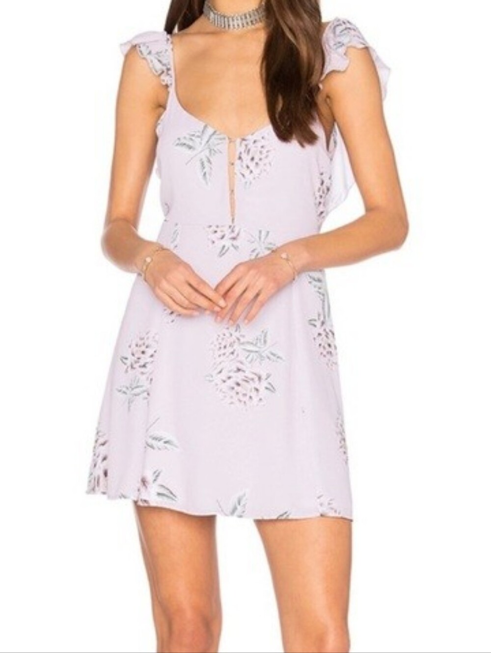 Show Me Your Mumu Lilac Floral Ruffle Strap Mini Dress, Small